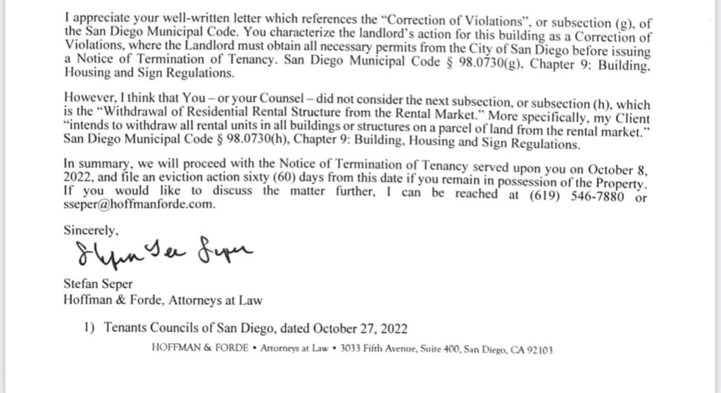 Portion of letter sent to the Tenant Council by Matthew Holt's lawyers.