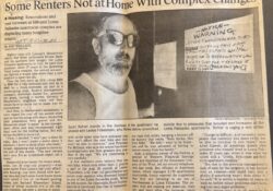 An image of a yellowed, faded news clipping from the LA Times. The article features a black and white image of a man in a tank top with shades at his door. There is a handwritten sign on the door reading -Notice- WARNING: LESTER FINKELSTEIN HAS DIED ANYONE ENTERING THIS APT WITHOUT MY EXPRESS WRITTEN PERMISSION IS BREAKING THE LAW & WILL BE SUED FOR TRESPASS & ILLEGAL ENTRY.